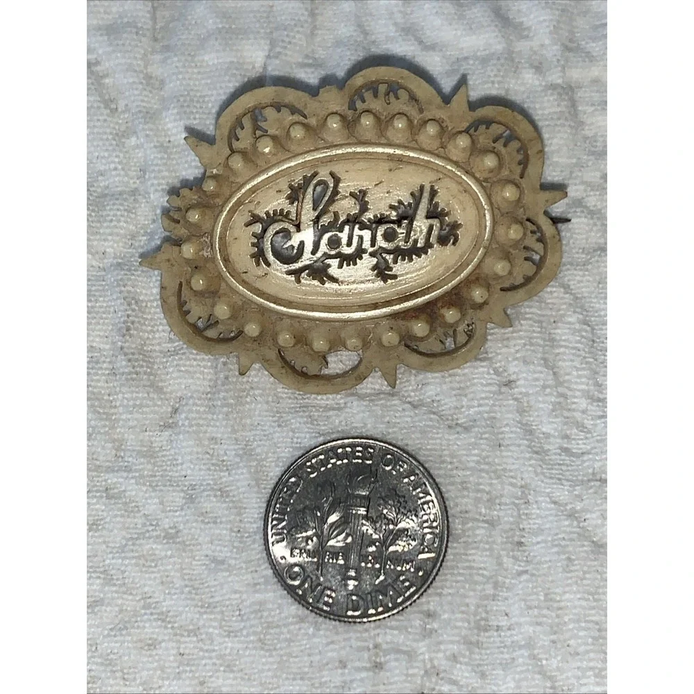 Antique Victorian Hand Carved Bovine Bone name brooch‎ Pin - Sarah